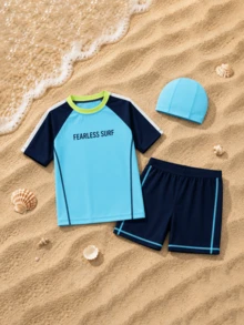Balabala 2pcs Tween Boy Letter Print Raglan Sleeve Rash Guard And Swim Trunks Set, Chlorine Resistant & UV Protection - Blue Tint - View 3