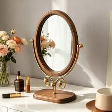 1pc Vintage Wooden Makeup Mirror, Bedroom Tabletop Mirror, Chinese Style Standing Rotatable Vanity Mirror For Home - Multicolor - View 4