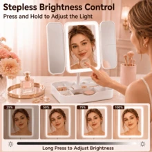 LED 3-Fold Makeup Mirror, 2X/3X Real Magnification, 3 Lighting Modes, Foldable Storage, Rotating Vanity Mirror With Storage Base, Touch Control, USB Rechargeable, Suitable For Makeup/Office/Bedroom - Multicolor - View 5