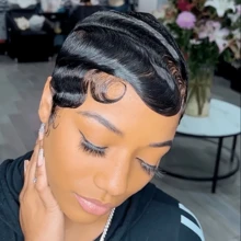 BINF Pixie-Cut Wig With Finger Waves, Short Bob For Women, Real Hair, Ocean Wave, Short Brazilian Real Hair Wig, 13x1 Lace Front Wig, For Daily Use - Natural Black - View 5