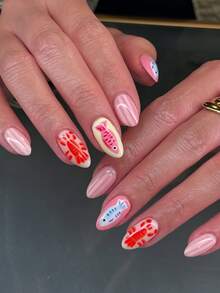 24pcs Marine Elements Press On Nails Simple False Nails Short Fake Nails Almond Shape Nails Press On Manicure Set Includes 1sheet Adhesive Tabs & 1pc Nail File Suitable For Everyday Wear - 彩色 - 查看 1