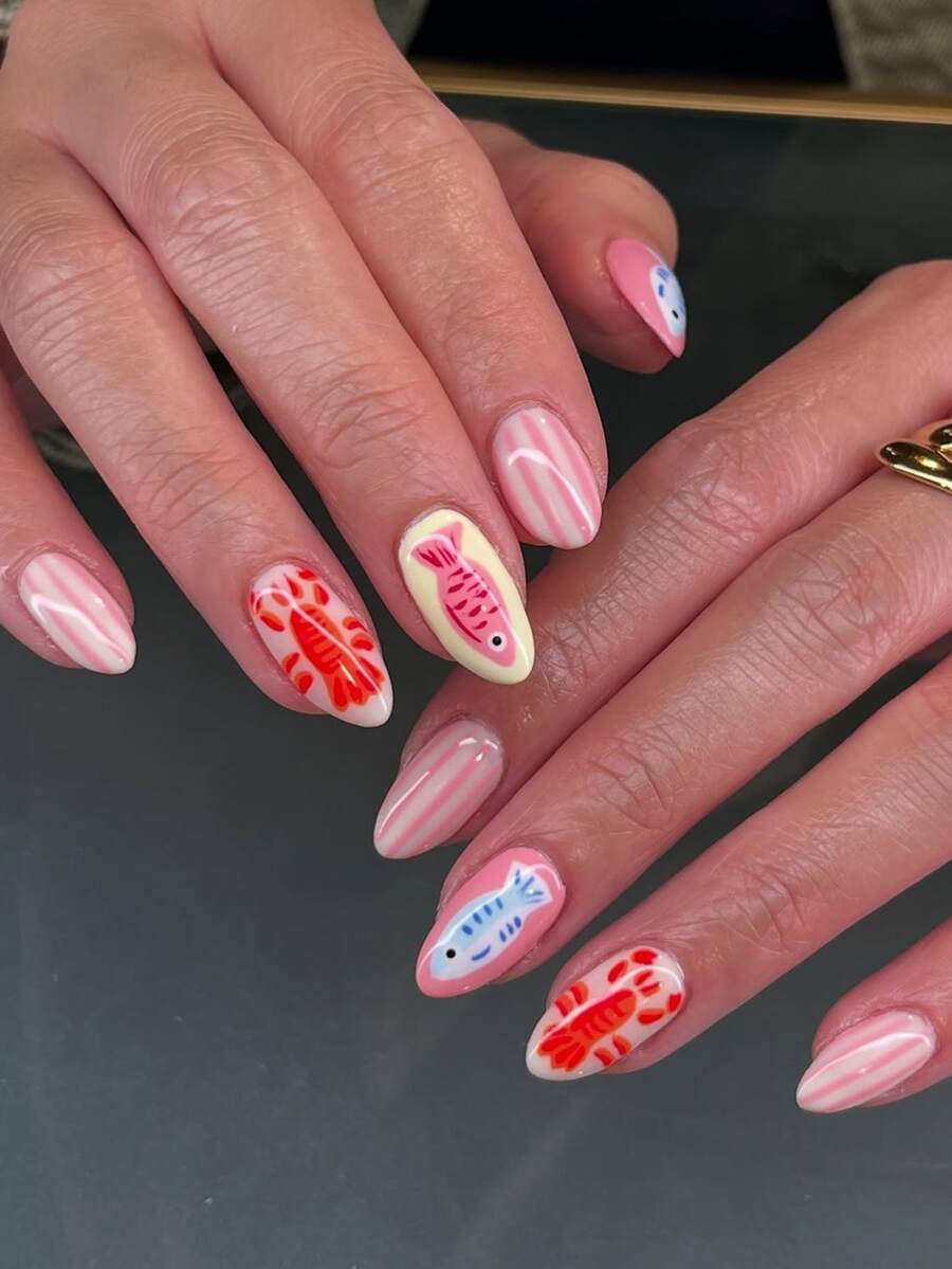 24pcs Marine Elements Press On Nails Simple False Nails Short Fake Nails Almond Shape Nails Press On Manicure Set Includes 1sheet Adhesive Tabs & 1pc Nail File Suitable For Everyday Wear - 彩色 - 查看 1