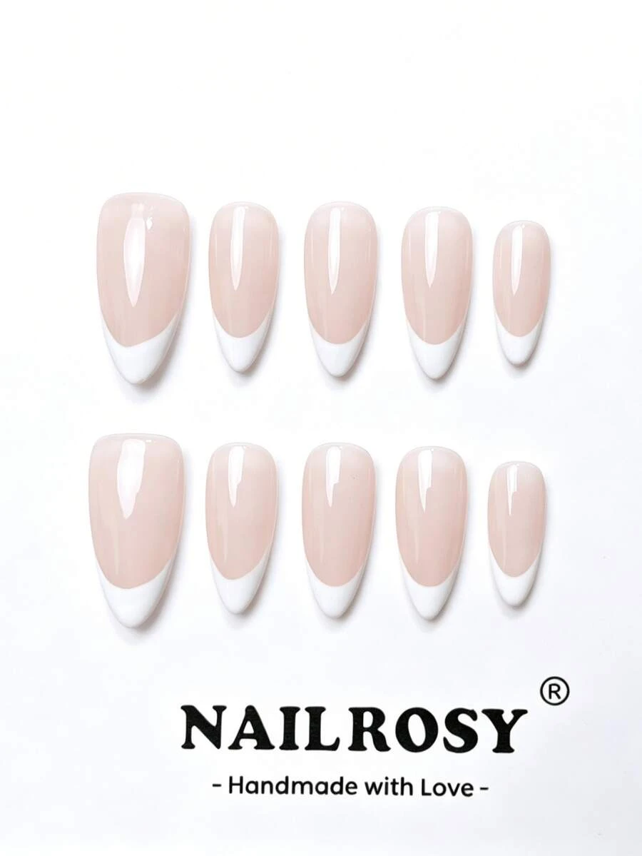 nailrosy 10片手工法式美甲穿戴甲 杏仁形 裸粉色白色尖端 亮面光澤 10片全套