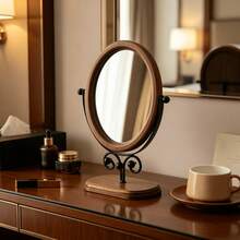 1pc Vintage Wooden Makeup Mirror, Bedroom Tabletop Mirror, Chinese Style Standing Rotatable Vanity Mirror For Home - Multicolor - View 11