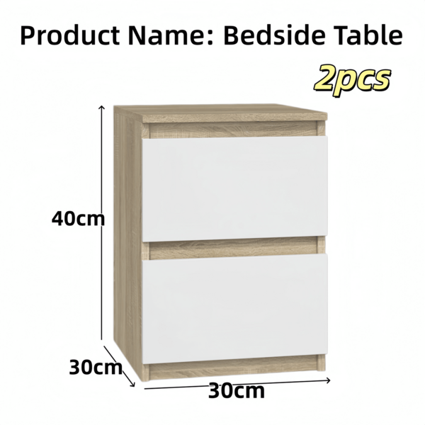 2 Packs Wood Grain Nightstand 40cm Tall, Minimalist Handleless Bedside Cabinet With Double Drawers, Multi Tone Oak White Grey Side Table For Modern Bedroom Interior Decor