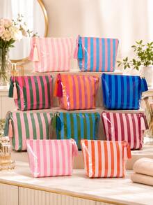 Personalized Striped Makeup Bag With Tassel, Portable Cosmetic Pouch For Travel, Makeup, Toiletries & Daily Beauty Storage, Gift For Girl - Multicolor - View 10