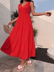 Women's Summer Red Casual Tiered Maxi Dress, V-Neck Sleeveless Fold Loose Fit A-Line Dress,For CoffeeDates,BeachTrips,Travel Summer Dresses For Women - Red Beach Vacation Style - View 4