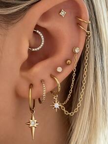 8-teiliges Set aus Ketten-Ohrringen mit Sternanhänger und eingelegtem kubischem Zirkonia, exquisit und modisch, geeignet für den täglichen Gebrauch, Dates, Partys und Treffen, zum Layering für Damen - Goldgelb - Übersicht 1