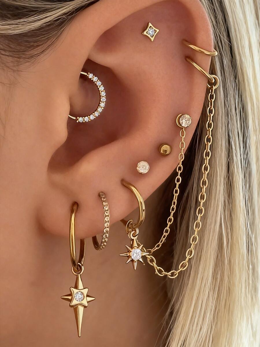 8-teiliges Set aus Ketten-Ohrringen mit Sternanhänger und eingelegtem kubischem Zirkonia, exquisit und modisch, geeignet für den täglichen Gebrauch, Dates, Partys und Treffen, zum Layering für Damen - Goldgelb - Übersicht 1