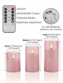1件/2件/3件 LED蠟燭 有/無遙控器，LED柱狀蠟燭，無焰蠟燭，蠟燭加熱器，蠟燭燈，3D動態火焰電池供電蠟燭（不含電池），適用於節日、婚禮、禮物、壁爐、家居裝飾（粉紅色，3英吋 X 4英吋 5英吋 6英吋） - 粉色 - 查看 7