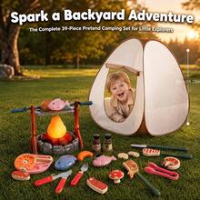Kids Camping Pretend Play Set With Pop Up Tent, BBQ Grill, Campfire & Cooking Accessories - Indoor/Outdoor Adventure Toy For Toddlers Boys Girls Ages 3+ - Yellow - View 1
