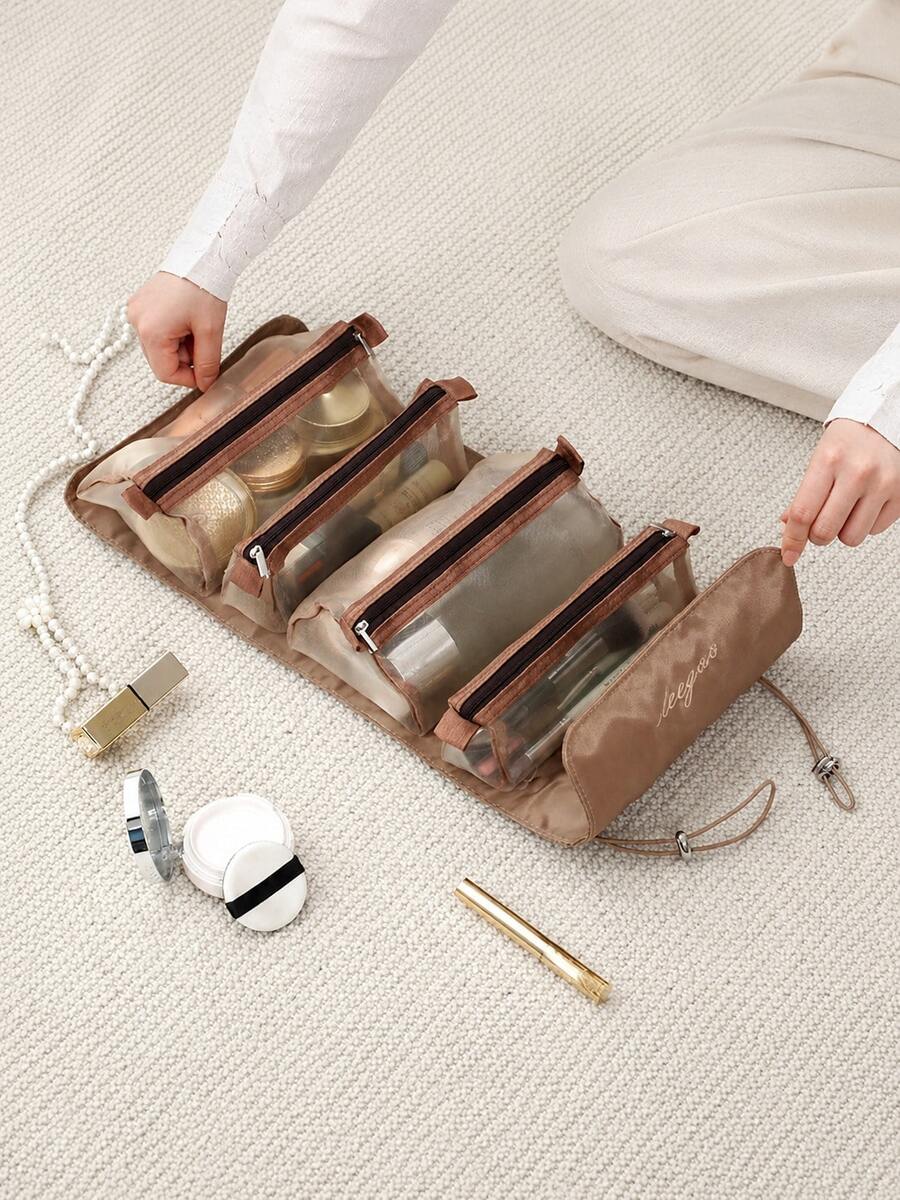 1pc (4-In-1) Woven Travel Makeup Organizer Bag, With Adjustable Shoulder Strap, Open Mesh Compartments For Brushes And Lipsticks, Lightweight Portable Toiletry Bag, Fashionable Beige, Wet Wipe Cleanable, Makeup Travel Bag, Daily Cosmetics Storage