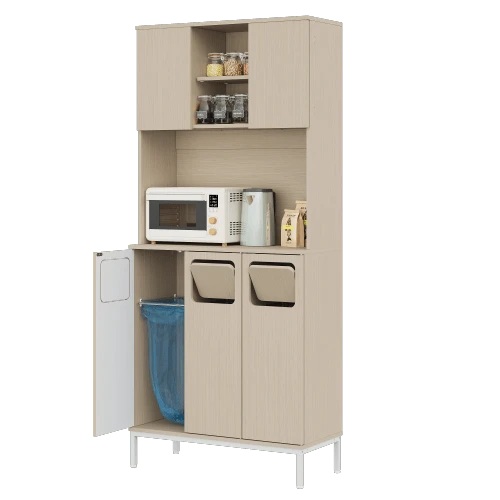 Kitchen Cabinet With Three Doors In Light Wood And White, 181 Cm High, With Waste Compartment, Microwave Compartment And Vacuum Cleaner Storage, 80 X 35 X 181 Cm - White - View 1