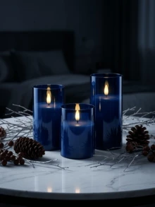 1件/2件/3件 LED蠟燭（附/不附遙控器）、無焰蠟燭、蠟燭加熱器、蠟燭燈、LED柱狀蠟燭、3D動態火焰電池供電蠟燭（不含電池），適用於節日、婚禮、禮品、壁爐、家居裝飾（深藍色，3英吋 x 4英吋 5英吋 6英吋） - 深藍色 - 查看 3