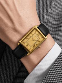 1PC Men's Classic Vintage Gold Rectangular Quartz Wrist Watch, Roman Numeral Dial With Date Display, Black PU Leather Strap Fashion Casual Men's Watch, Birthday Father's Day Christmas Gift - Black Gold - View 9