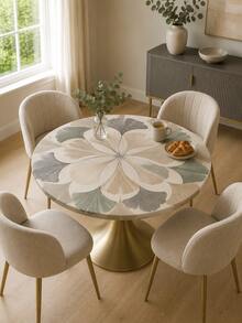 1pc Morandi Ginkgo Leaf Radial Print Fitted Round Tablecloth, Neutral Gray Green Beige Floral Pattern, Elastic Edge Stretch Tablecloth, Suitable For Minimalist Indoor Dining, Coffee Table, Living Room Decor, Cozy Home Style And Daily Casual Dining - Multicolor - View 6