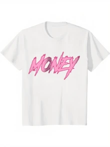 Men's Money Graffiti Style T-Shirt Vibrant Pink And White 100 Cotton Breathable Round Neck Casual Fashion Tee Machine Washable Comfort Fit - White - View 1