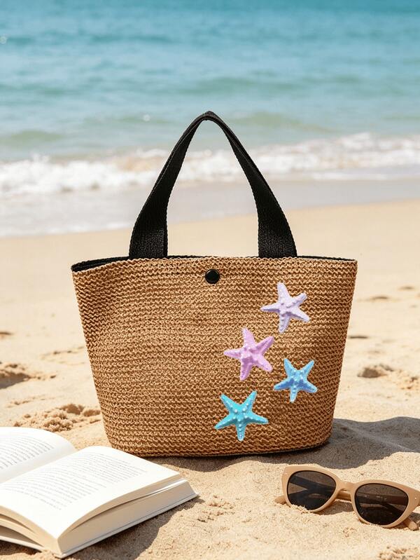 Starfish Decor Woven Handbag, Magnetic Closure + Inner Pocket, Beach Vacation & Daily Casual Dual-Use Straw Bag, Wide Handle Strap, Good Load-Bearing, Comfortable To Carry, Color-Block Design, Foldable Storage, Perfect Summer Beach Gift For Teenage Girls And Women, Fashionable Bohemian Style Straw Clutch