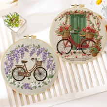 1套手工DIY刺繡套件，20x20cm/7.9x7.9英吋，花卉單車圖案，包含刺繡布料、說明書、刺繡框、針線，適合作為送給朋友或家人的節日禮物，居家與辦公室手工藝術 - A - 查看 3