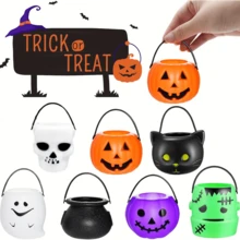 Gift For Her/Him 14pcs Mini Halloween Decor Buckets, Plastic Halloween Trick Or Treat Buckets With Scary Colorful Pumpkin, Bat And Skull Patterns, White, Black, Green, Purple, Durable Desktop Decorations, Assorted Styles - Ornaments - View 3