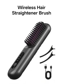 HYUNDAI Multi-Functional 2-In-1 Straightening & Curling Hair Brush, Rechargeable Portable Straightening Brush, Lightweight And Compact, With 3 Adjustable Heat Settings For Perfect Hairstyles Anytime-Ideal For Travel, Home, Hotels, Dorms, And More. - Black - View 6