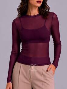 Long-Sleeve Tulle Top Pastel Candy Colors Spring Color Block - 紫色 - 查看 2