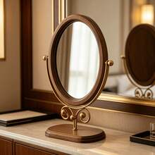 1pc Vintage Wooden Makeup Mirror, Bedroom Tabletop Mirror, Chinese Style Standing Rotatable Vanity Mirror For Home - Multicolor - View 12