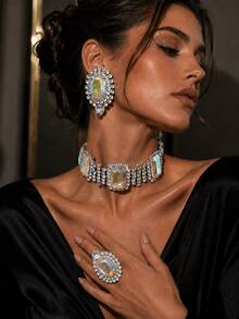 1set Stylish Square Cubic Zirconia Necklace, Earrings, And Ring Set For Women, Party And Evening Dress Accessories - Multicolor - View 10