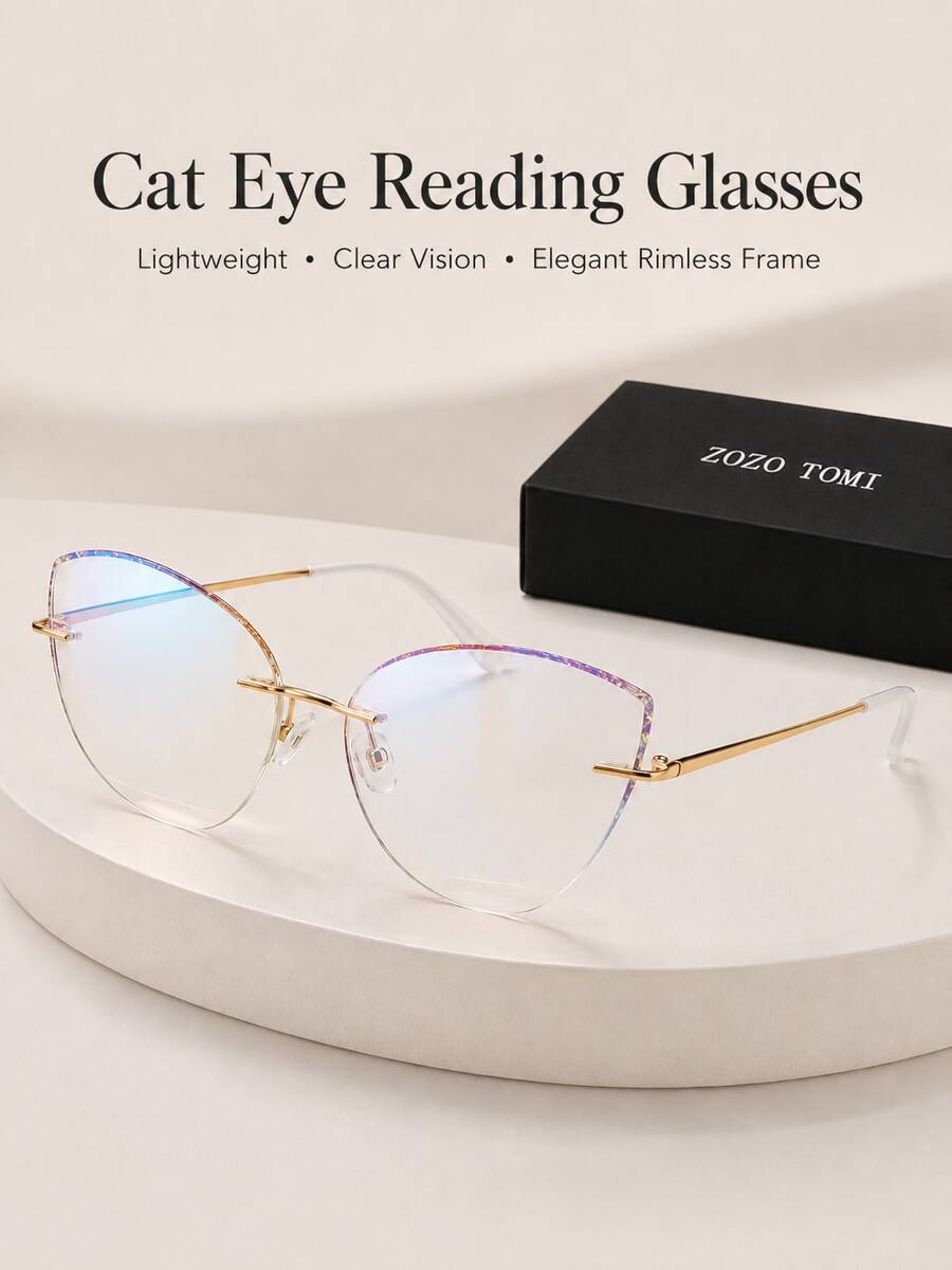Diamond Cut Rimless Cat Eye Reading Glasses, Lightweight, Clear Vision, Suitable For Women - White - View 1