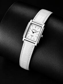 1 pieza Reloj de cuarzo con correa de cuero PU y esfera cuadrada para hombre, caja de acero inoxidable, reloj de moda empresarial para hombre, estilo casual de negocios diario, regalo de Navidad, regalo de aniversario para hombre - Blanco - Ver 6