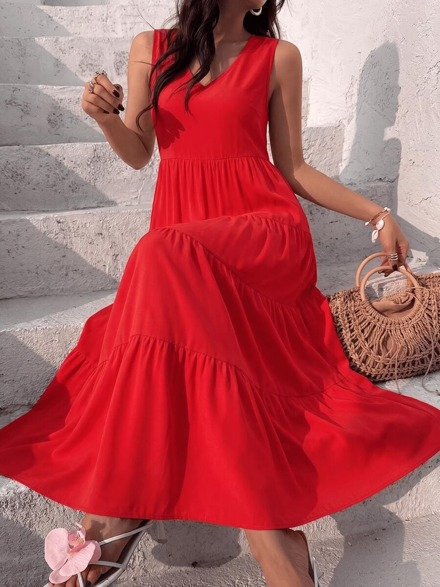 Women's Summer Red Casual Tiered Maxi Dress, V-Neck Sleeveless Fold Loose Fit A-Line Dress,For CoffeeDates,BeachTrips,Travel Summer Dresses For Women