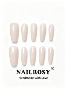 nailrosy 10片裝可穿戴美甲片 裸色米色奶粉色 素色亮面 棺材型/杏仁型 手工穿戴式假指甲 - 米色 - 查看 11