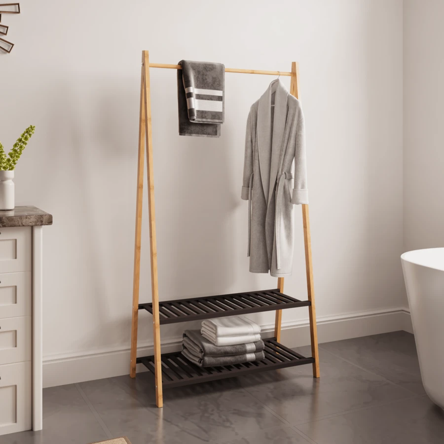 Coat Rack With 2 Shelves, Sturdy Clothes Rail, Wardrobe With Shoe Rack, For Hallway, Bedroom, Open Closet. Bamboo Coat Rack, Clothes Drying Rack With Hanging Rail - 自然色 - 查看 1