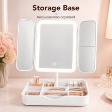 LED 3-Fold Makeup Mirror, 2X/3X Real Magnification, 3 Lighting Modes, Foldable Storage, Rotating Vanity Mirror With Storage Base, Touch Control, USB Rechargeable, Suitable For Makeup/Office/Bedroom - Multicolor - View 6