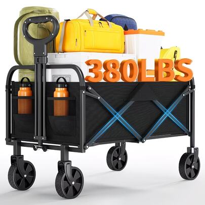 Carrinho de Transporte Dobrável e Retrátil, Grande Capacidade, Resistente, Carga de 170 kg, Rodas Giratórias 360° Todo-o-Terreno de 12,7 cm, Estrutura em Aço, Pega Ajustável, Porta-Copos, Carrinho Portátil Dobrável para Jardim, Campismo, Praia, Piquenique, Pesca, Compras e Festival