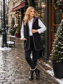 Women's Winter Fleece Vest With Reversible Hood. - Negro - Ver 1