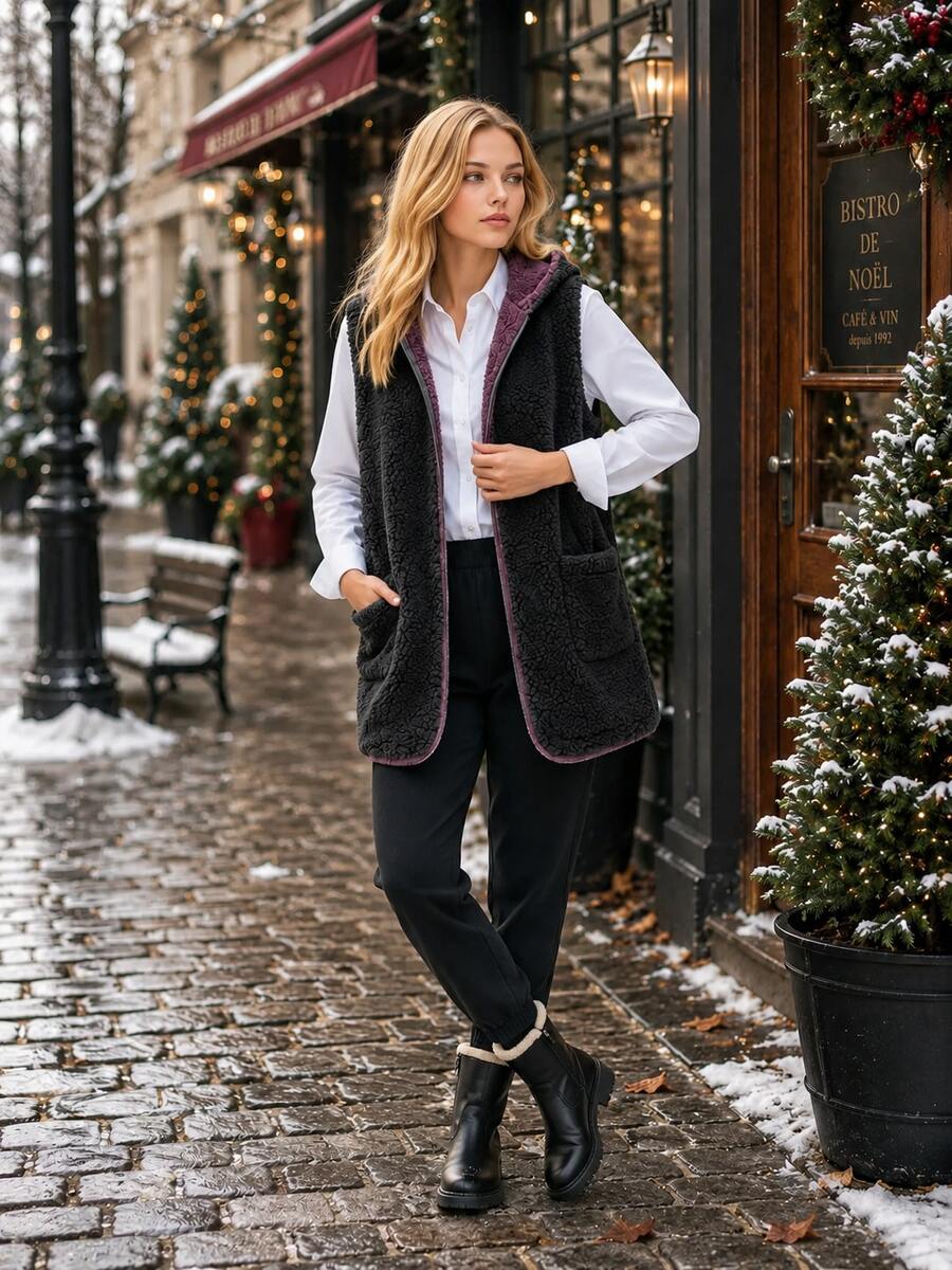 Women's Winter Fleece Vest With Reversible Hood. - Negro - Ver 1