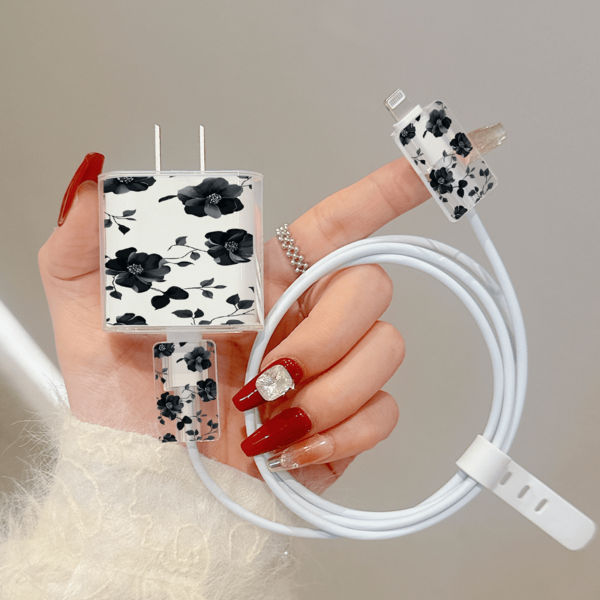 墨花圖案數據線充電器保護套 數據線收納標記防錯 - 高品質，適用於 iPhone 17 16 15 14 13 12 11 手機 20W 充電適配器