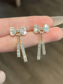 1對全水鑽蝴蝶結垂墜耳環，蝴蝶結鋯石水晶耳環，女款飾品 - 金色 - 查看 1