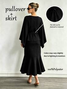 Damen Mode Schwarzes V-Ausschnitt 2 Stücke Set, beinhaltet Langarm-Top mit Bindung vorne und ausgestellter Midi-Rock, eleganter lässig-Stil, geeignet als Gast-Outfit - Schwarz - Übersicht 2
