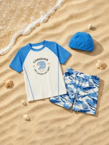 Balabala 2pcs/Set Boys' Summer Swimwear 2026 Collection, UV Protection, Soft & Lightweight Fabric, Comfortable For Swimming & Beach - White and Blue - View 3