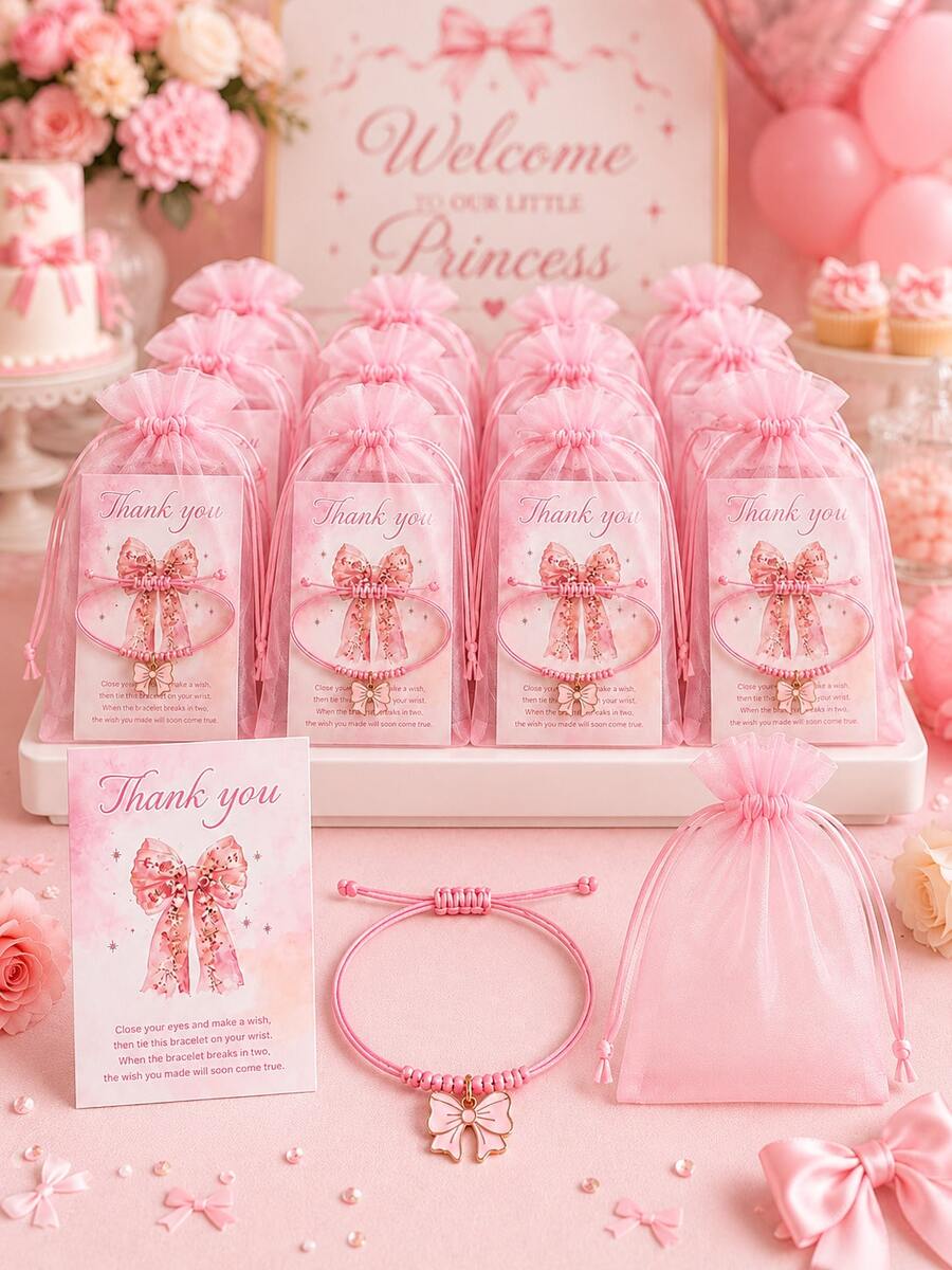 Gender Reveal Party Supplies: Pink Bow Wish Bracelet - Suitable As Baby Shower Party Favor Or Children's Party Return Gift