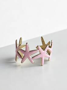 Women's Starfish Stainless Steel Gold Open Adjustable Size Bracelet, Colorful Enamel Starfish Design, Unique Ocean Theme, Lightweight Bold Personalized Wrist Accessory, Gift, Clothing Matching, Stackable - Starfish - View 9