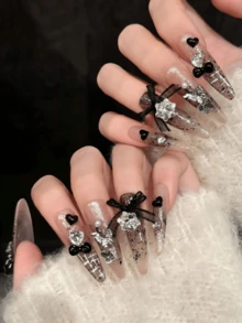 10 piezas de uñas postizas de stiletto hechas a mano, para vacaciones de verano, temporada de graduación, Copa del Mundo, primavera y verano, adecuadas para niñas y mujeres en festivales, fiestas, festivales de música y uso diario, regalo para el Día de San Valentín y el Día de la Madre. - Negro - Ver 4
