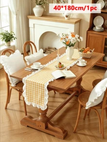 1/20PCS French Style Plaid Vintage Ruffle Edge Table Runner, Suitable For Living Room, Dining Room, Holiday Party, Family Gathering, Wedding Banquet, Birthday Table Decoration, Washable - Yellow - View 7