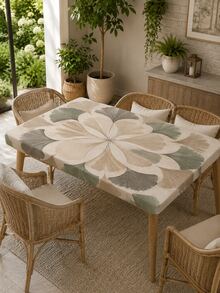1pc Morandi Ginkgo Leaf Radial Print Fitted Round Tablecloth, Neutral Gray Green Beige Floral Pattern, Elastic Edge Stretch Tablecloth, Suitable For Minimalist Indoor Dining, Coffee Table, Living Room Decor, Cozy Home Style And Daily Casual Dining - Multicolor - View 3