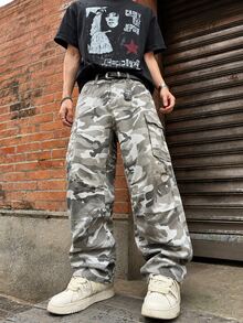 American Fashion Versatile Retro White & Grey Camo Denim Jeans With Large Pockets Straight Leg Cargo Pants Cool Vibe Casual Pants - Light Grey - View 3