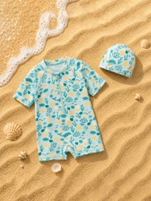 mini bala 2026 Summer Girls' 1-Piece Swimsuit Set With Swimming Cap, Cute Princess Style, UV Protection, Suitable For Beach, Swimming Pool, Vacation - Blue Tint - View 1