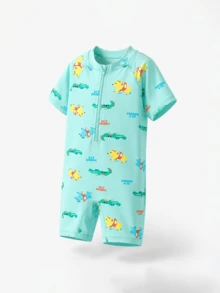Balabala Young Boy Cartoon Print Rash Guard Swimsuit - Green Tone - View 1