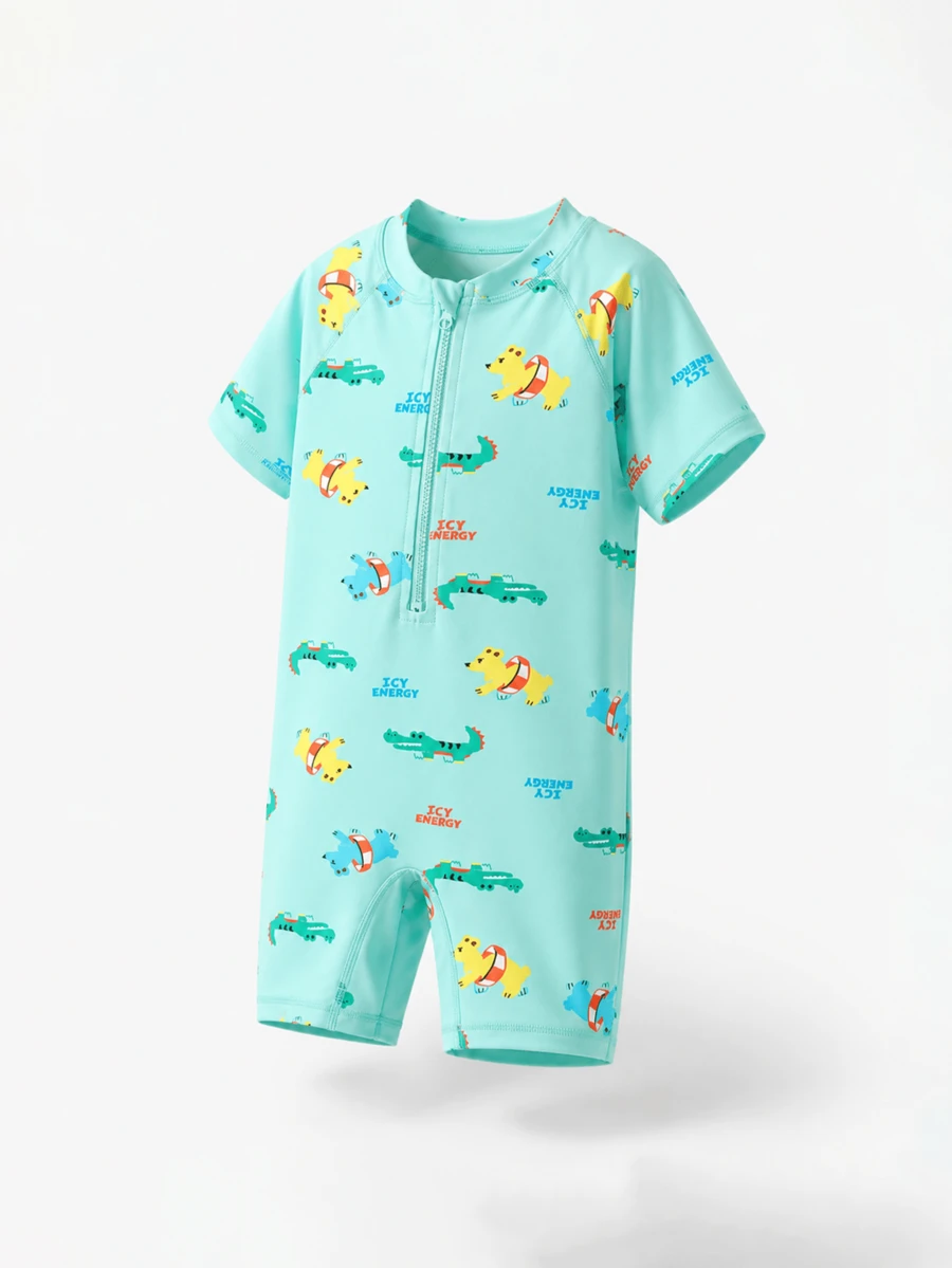 Balabala Young Boy Cartoon Print Rash Guard Swimsuit - Green Tone - View 1